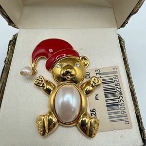 Vintage Elegante Teddy Bear Brooch Gold Tone Faux Pearl Enamel Santa Hat Pin